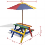 Kids Picnic Table & Benches with Parasol in Four Colours (40773)