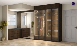 Linear glass wardrobe in dark wood oak finish with chest of drawers (1).jpg